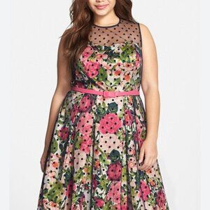 Eliza J. Polka Dot Mesh Floral Print Fit & Flare Sleeveless Dress Size 20W A21